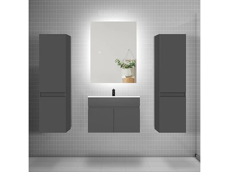 Ensemble meuble vasque L.60cm lavabo + colonne + miroir 60cm,anthracite