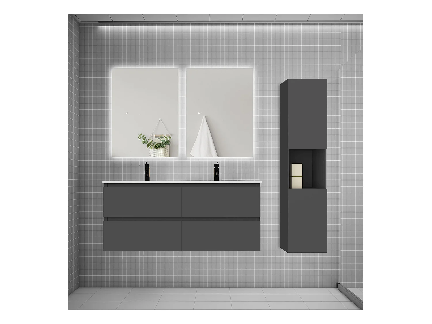 Ensemble meuble vasque 120cm 2 tiroirs + lavabo + colonne + miroir,anthracite