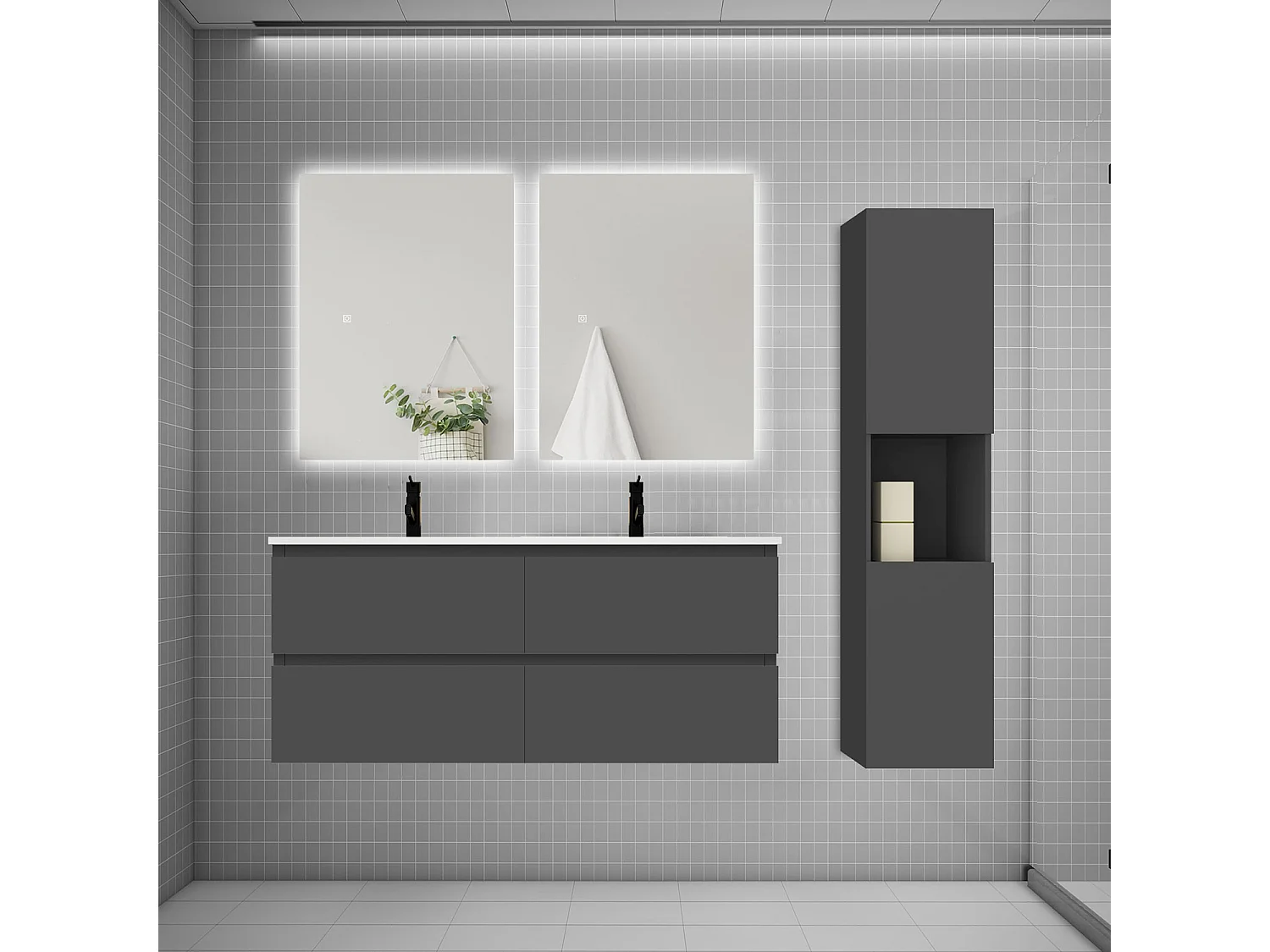 Ensemble meuble vasque 120cm 2 tiroirs + lavabo + colonne + miroir,anthracite