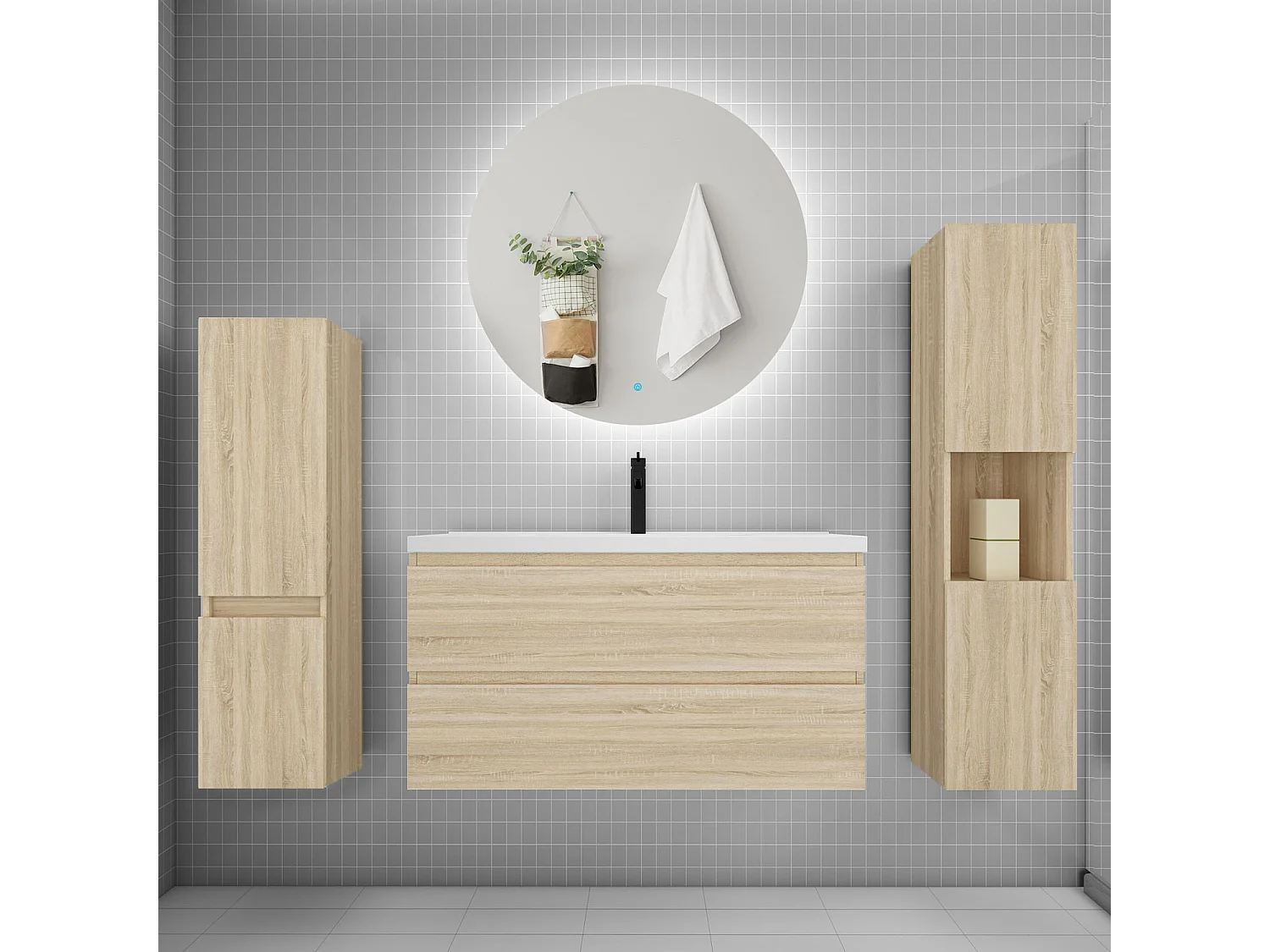 Ensemble meuble vasque L.100cm 2 tiroirs + lavabo + colonne + miroir rond mural 100cm,chêne