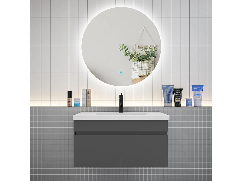 Ensemble meuble vasque L.80cm lavabo + LED miroir rond 80cm,anthracite
