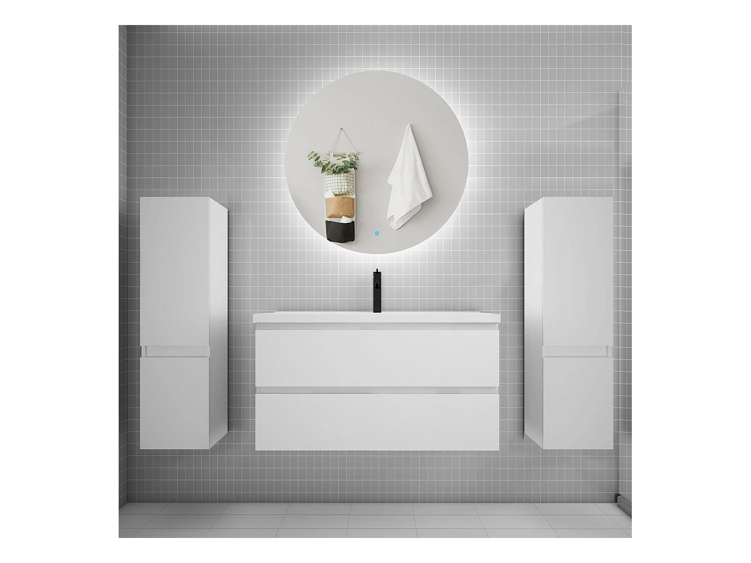 Ensemble meuble vasque L.100cm 2 tiroirs + lavabo + colonne + miroir rond 100cm,blanc
