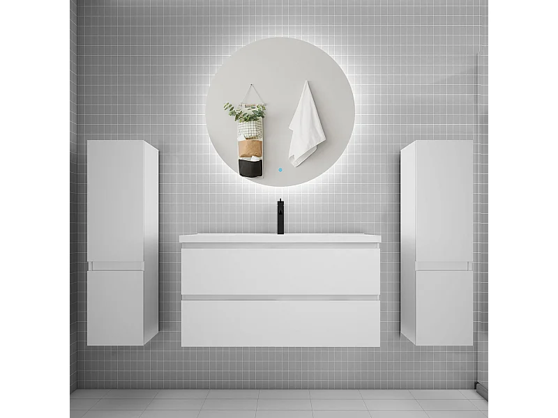 Ensemble meuble vasque L.100cm 2 tiroirs + lavabo + colonne + miroir rond 100cm,blanc
