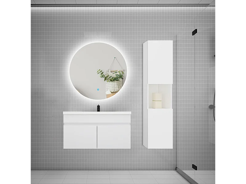 Ensemble meuble vasque 80cm lavabo + colonne + miroir rond,blanc