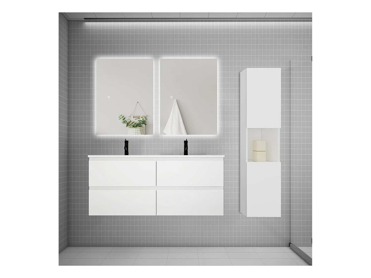 Ensemble meuble vasque 120cm 2 tiroirs + lavabo + colonne + miroir,blanc