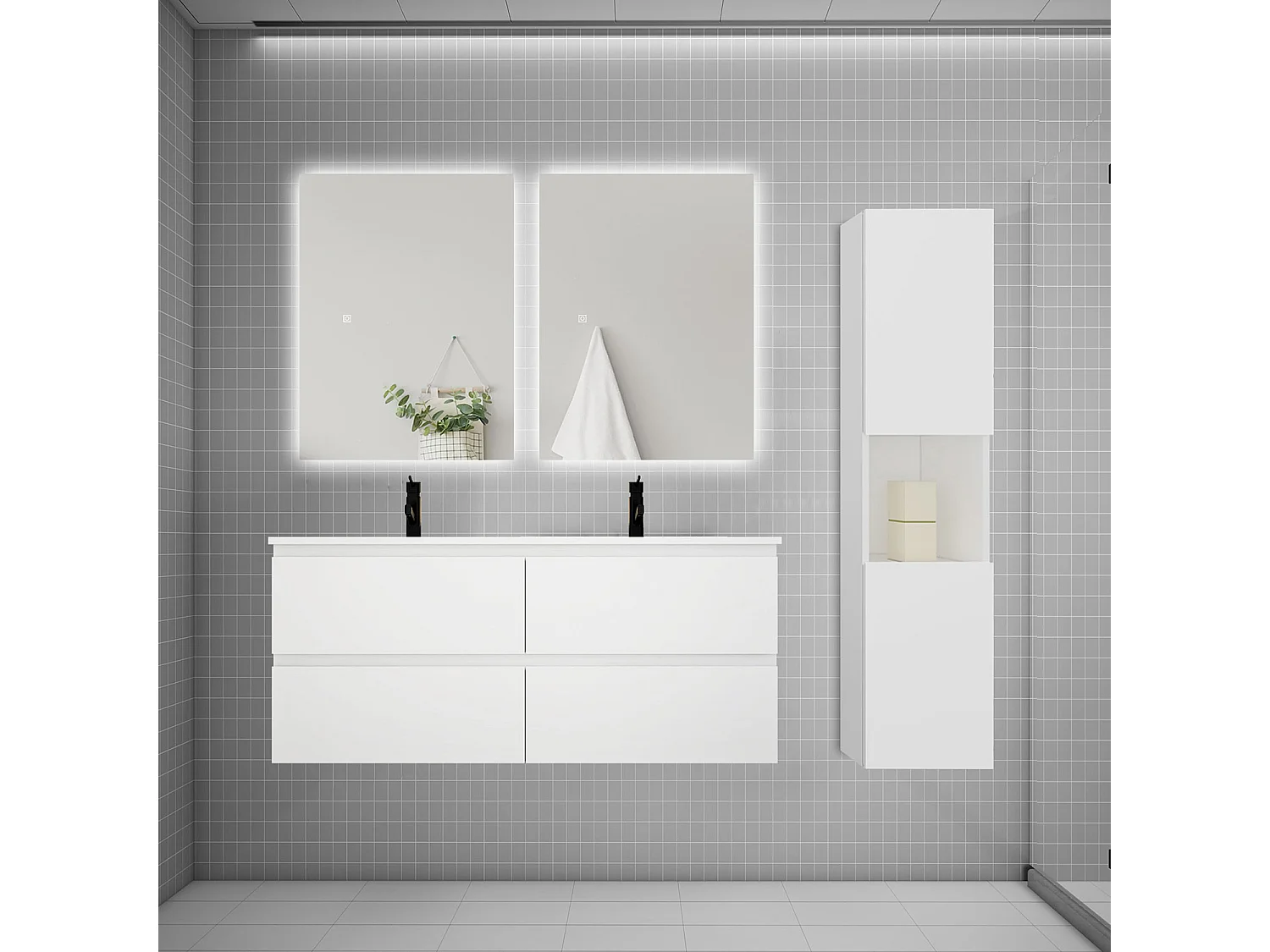 Ensemble meuble vasque 120cm 2 tiroirs + lavabo + colonne + miroir,blanc