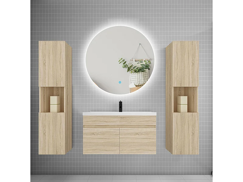Ensemble meuble vasque L.80cm lavabo + colonne + LED miroir rond 80cm,chêne