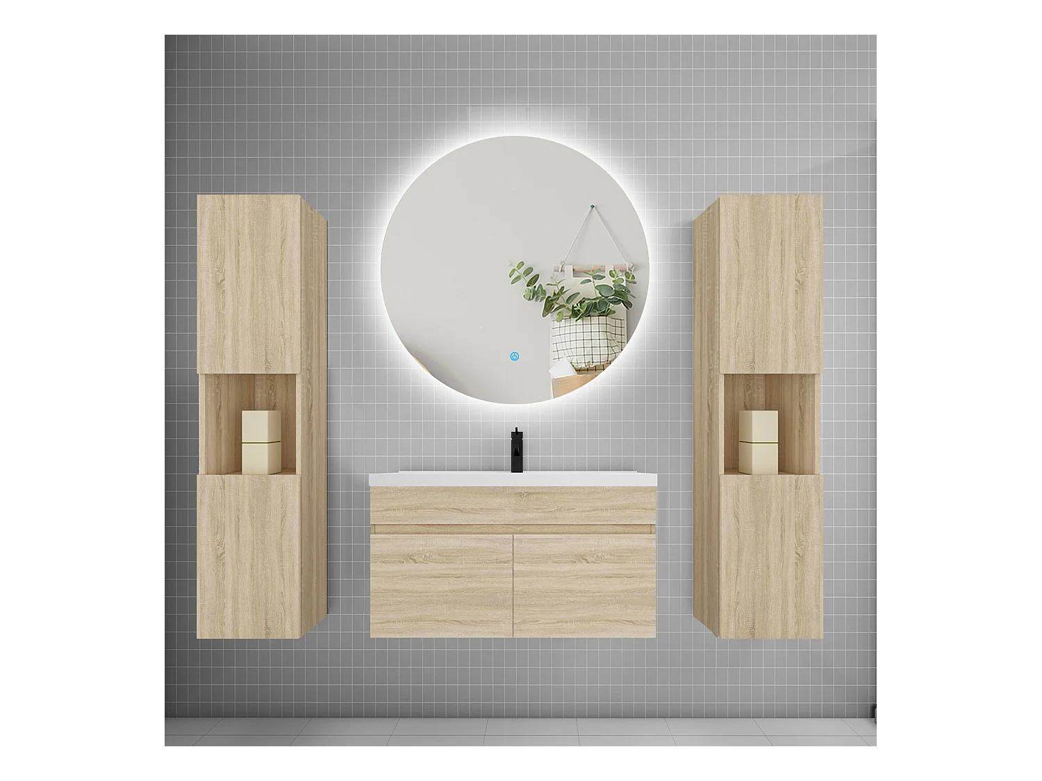 Ensemble meuble vasque L.80cm lavabo + colonne + LED miroir rond 80cm,chêne