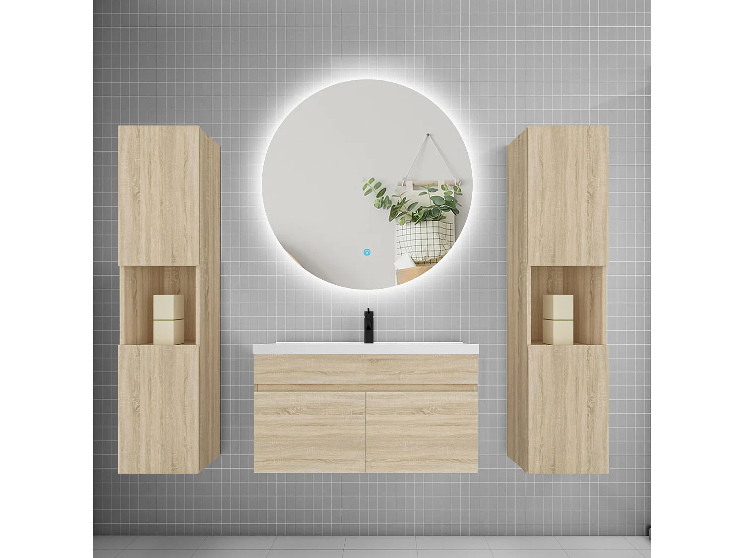 Ensemble meuble vasque L.80cm lavabo + colonne + LED miroir rond 80cm,chêne
