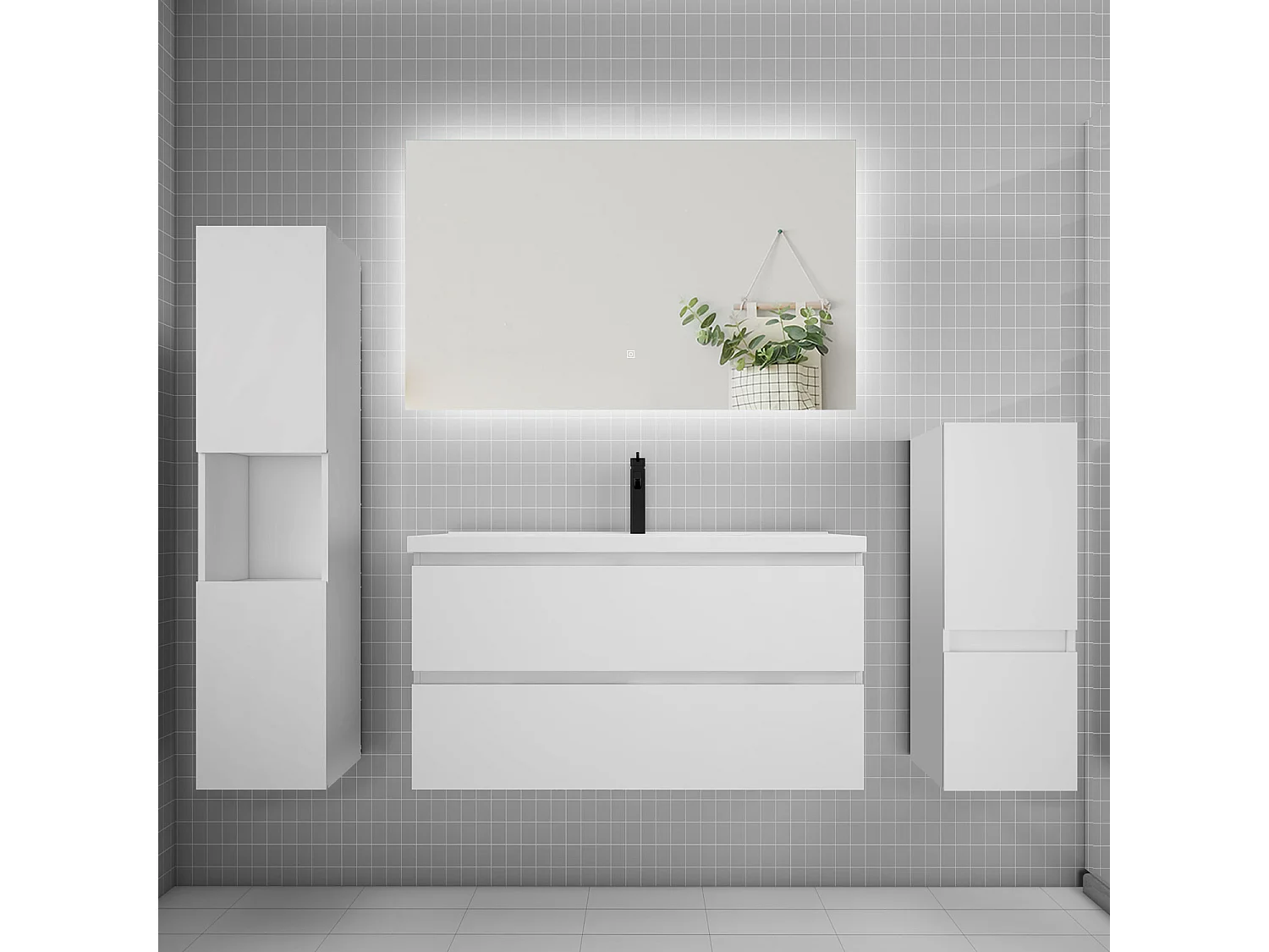 Ensemble meuble vasque L.100cm 2 tiroirs + lavabo + colonne + miroir,blanc
