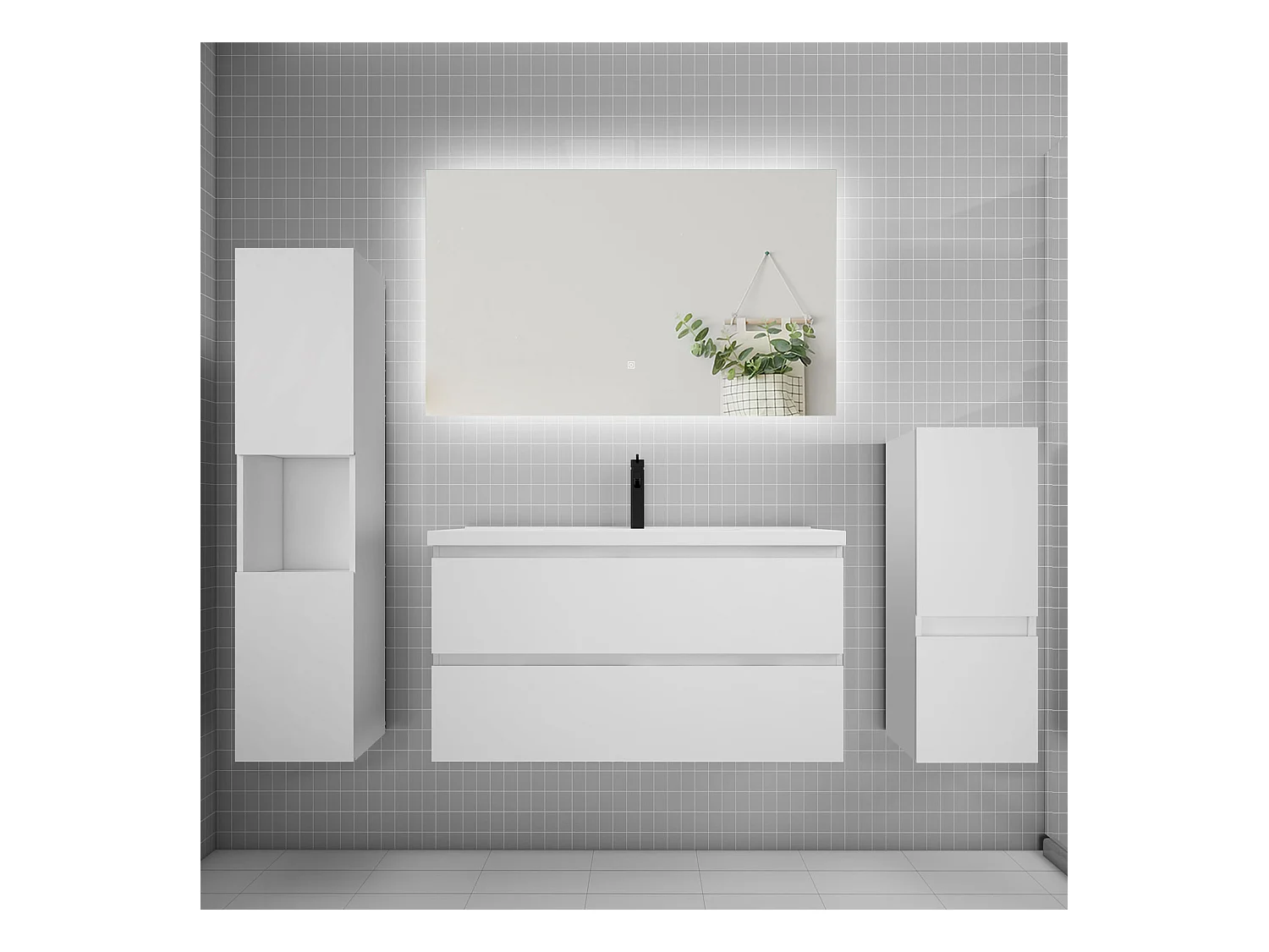 Ensemble meuble vasque L.100cm 2 tiroirs + lavabo + colonne + miroir,blanc