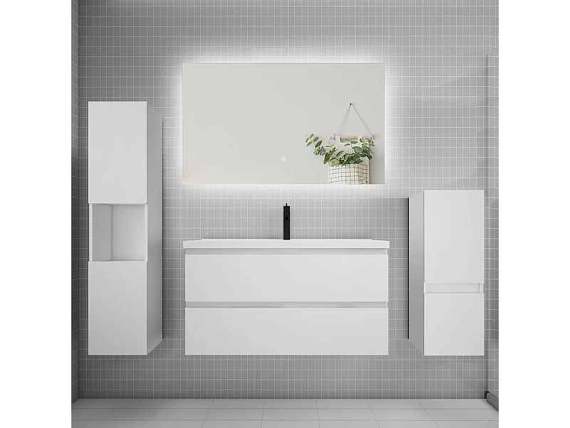 Ensemble meuble vasque L.100cm 2 tiroirs + lavabo + colonne + miroir,blanc