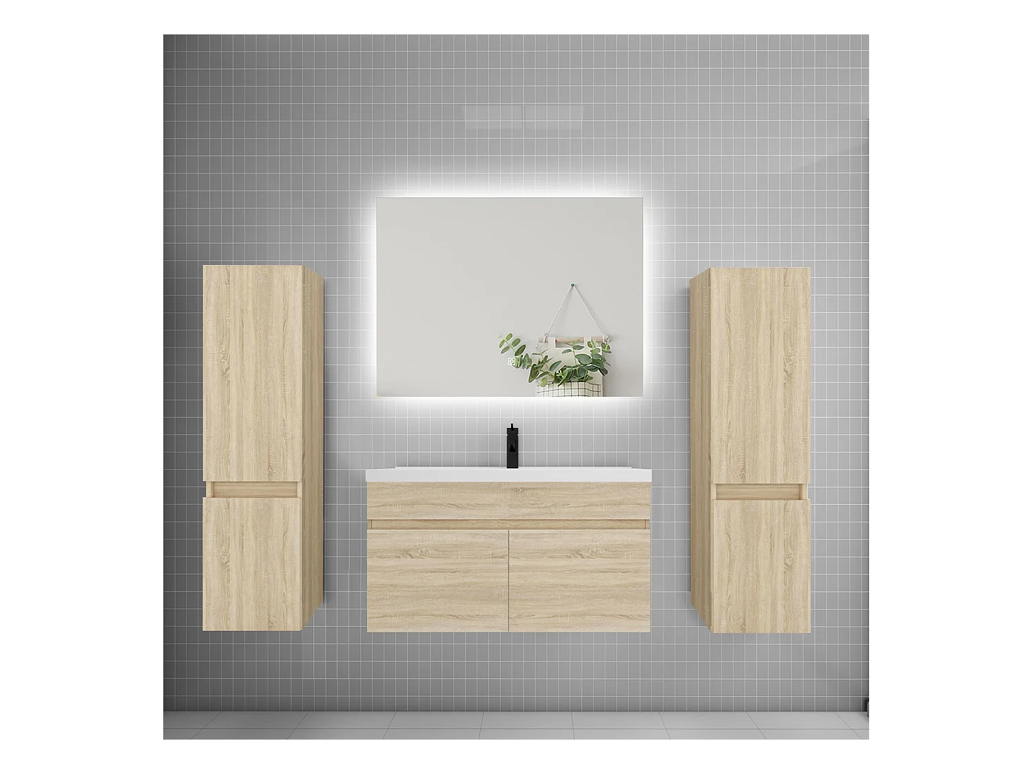 Ensemble meuble vasque L.80cm lavabo + colonne + miroir 80cm,chêne