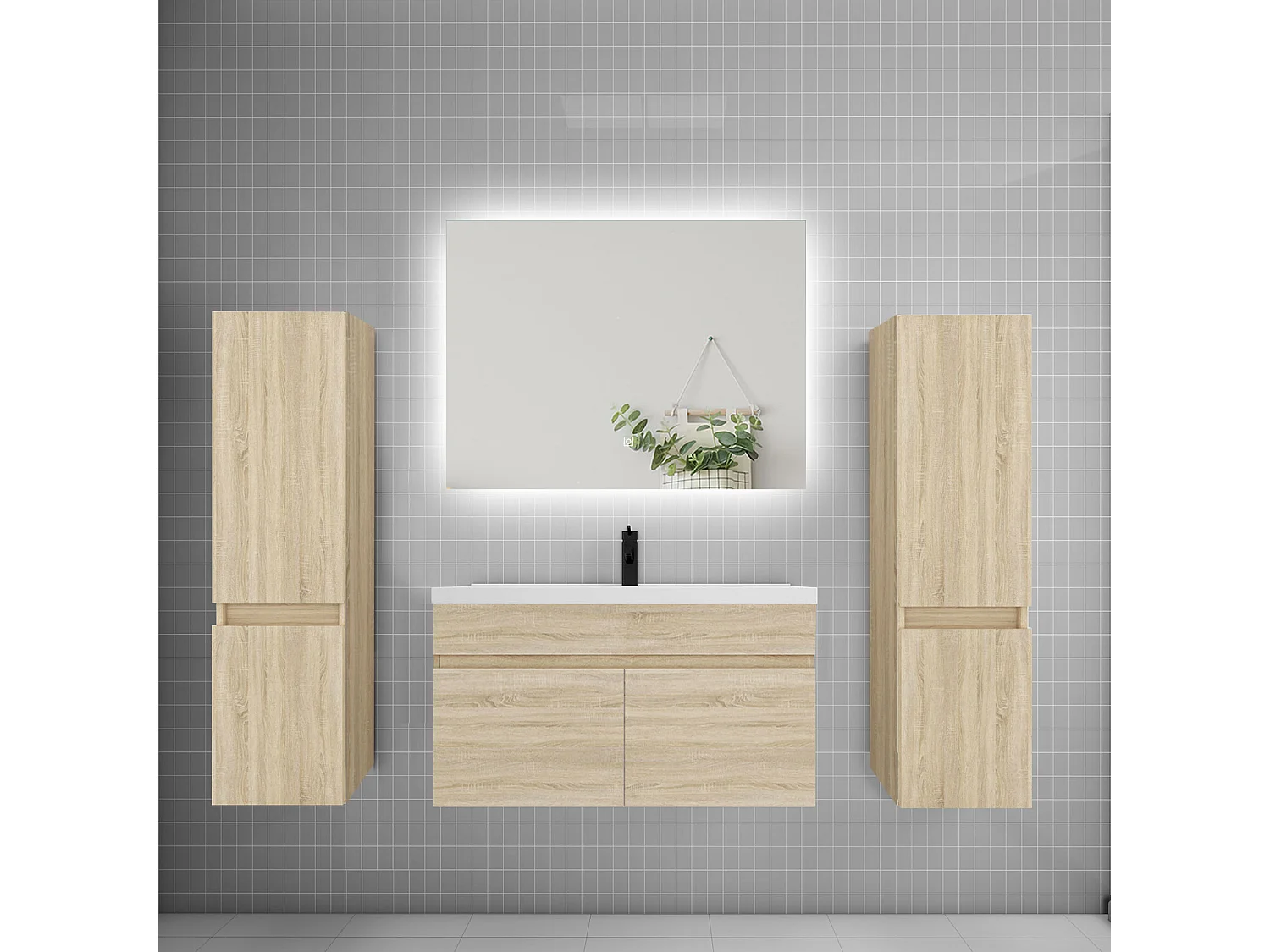 Ensemble meuble vasque L.80cm lavabo + colonne + miroir 80cm,chêne