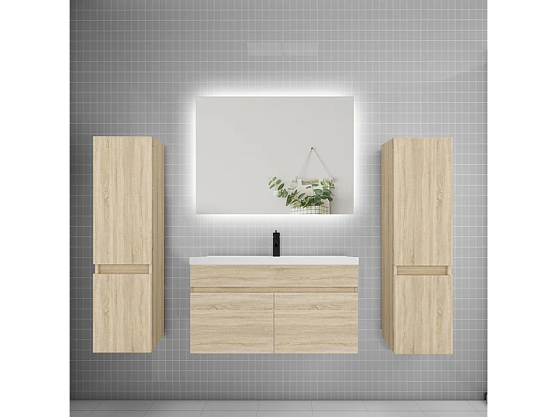 Ensemble meuble vasque L.80cm lavabo + colonne + miroir 80cm,chêne