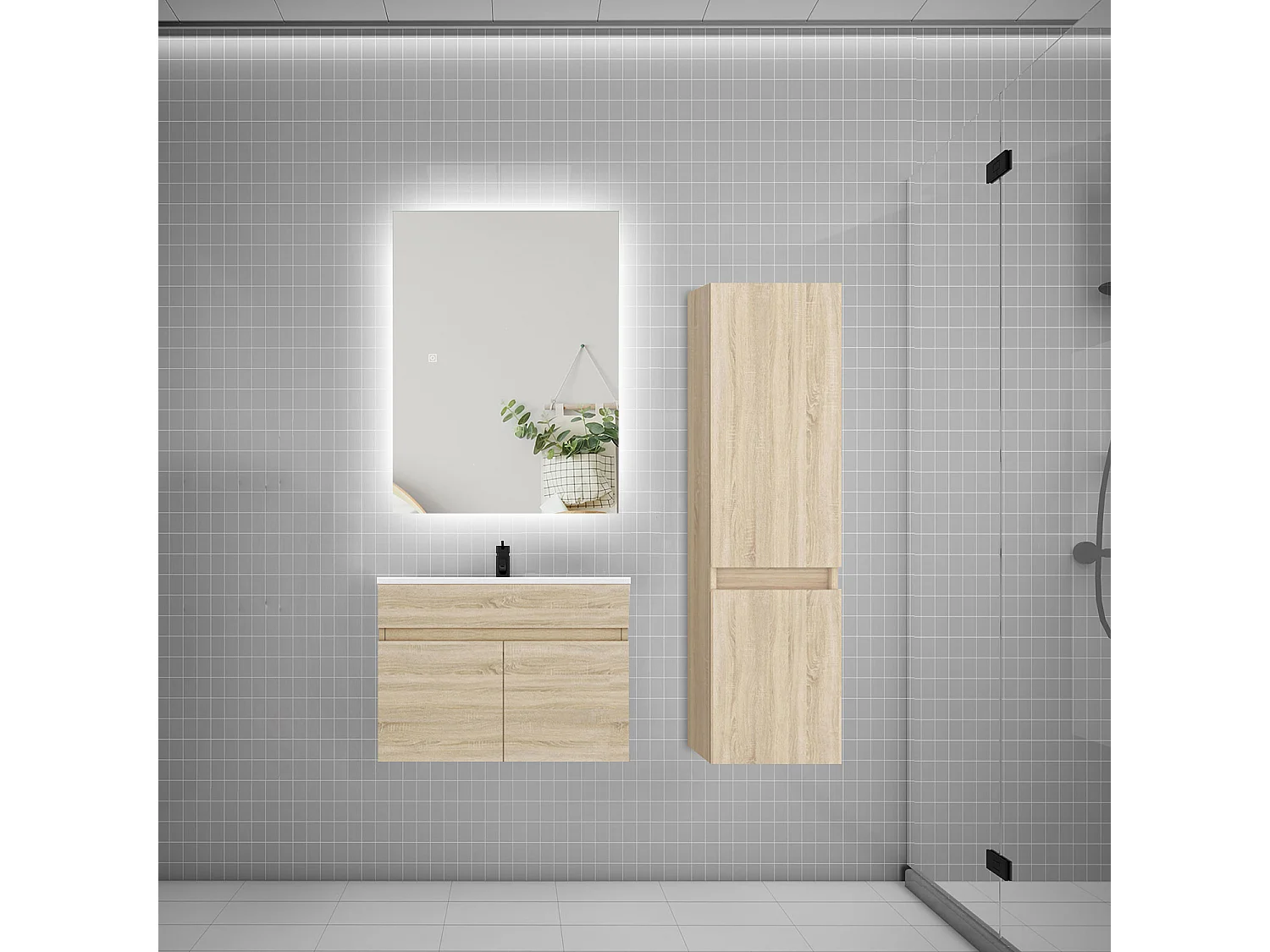 Ensemble meuble simple vasque 60cm lavabo + colonne + miroir,chêne