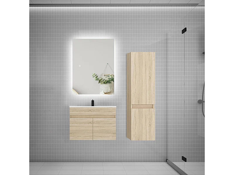 Ensemble meuble simple vasque 60cm lavabo + colonne + miroir,chêne