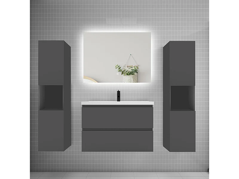 Ensemble meuble vasque L.80cm 2 tiroirs + lavabo + colonne + LED miroir 80cm,anthracite