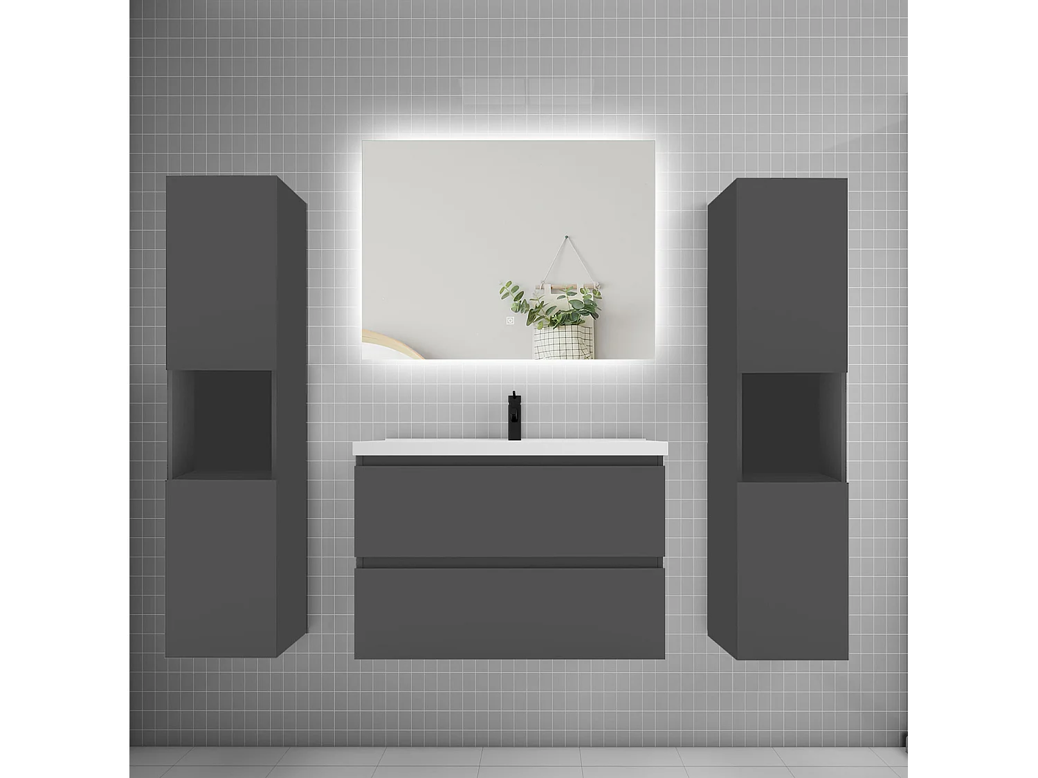 Ensemble meuble vasque L.80cm 2 tiroirs + lavabo + colonne + LED miroir 80cm,anthracite