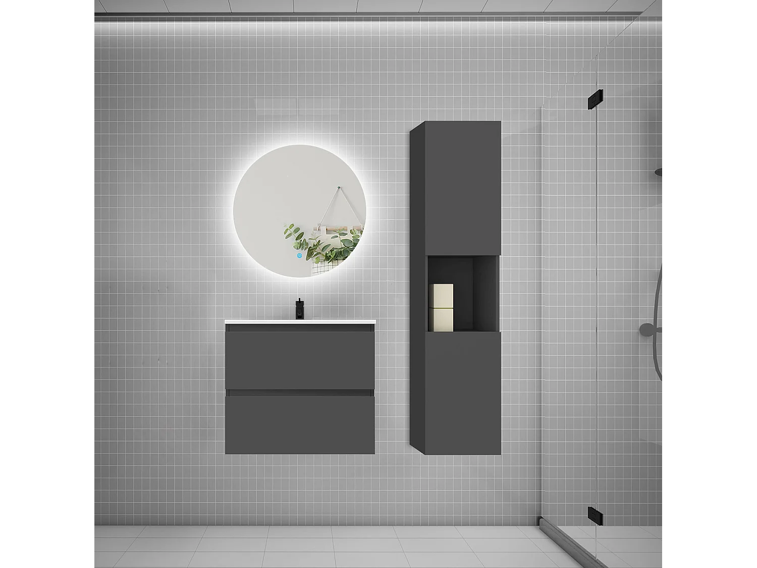 Ensemble meuble vasque 60cm 2 tiroirs + lavabo + colonne + miroir rond,anthracite