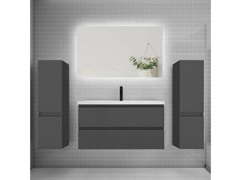 Ensemble meuble vasque L.100cm 2 tiroirs + lavabo + colonne + miroir 100cm,anthracite