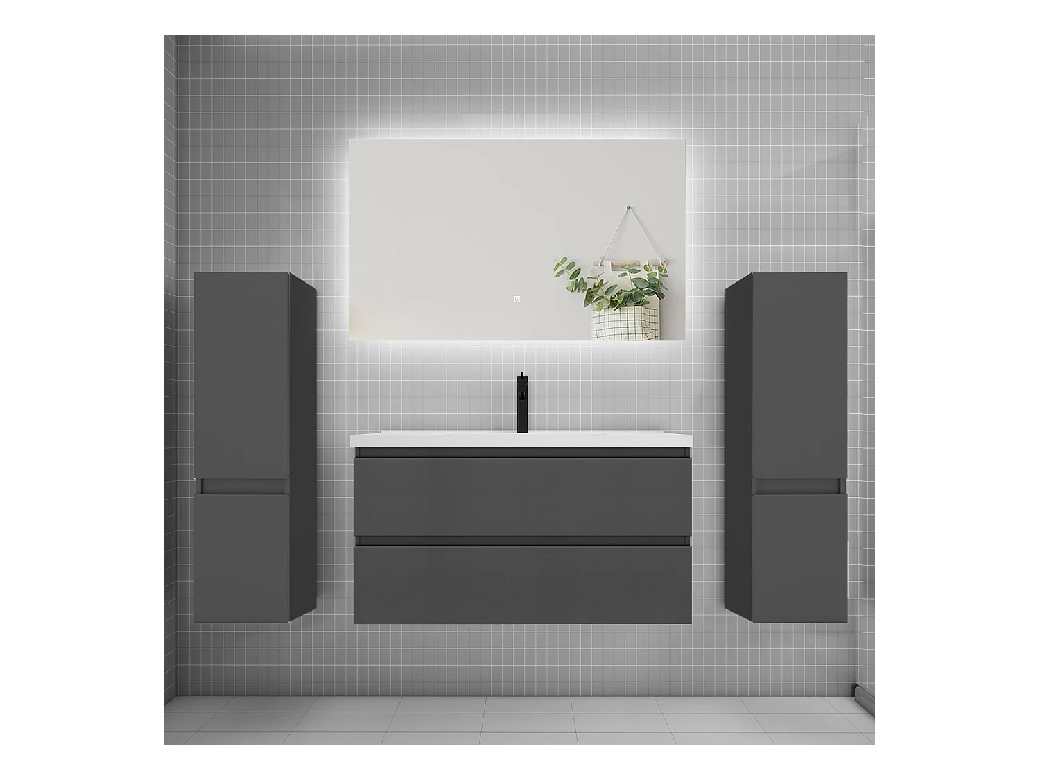 Ensemble meuble vasque L.100cm 2 tiroirs + lavabo + colonne + miroir 100cm,anthracite