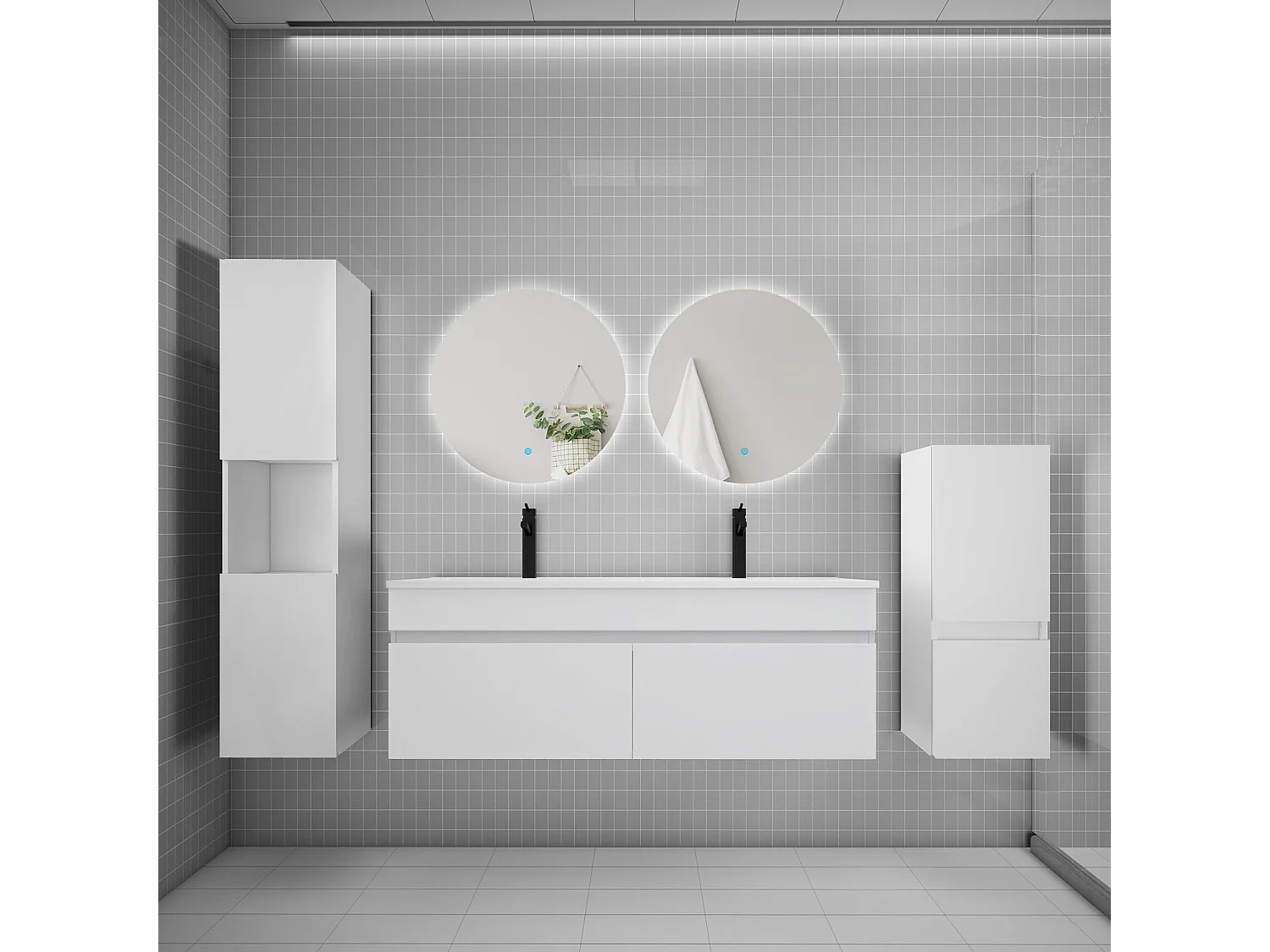 Ensemble meuble vasque L.120cm lavabo + colonne + miroir rond,blanc