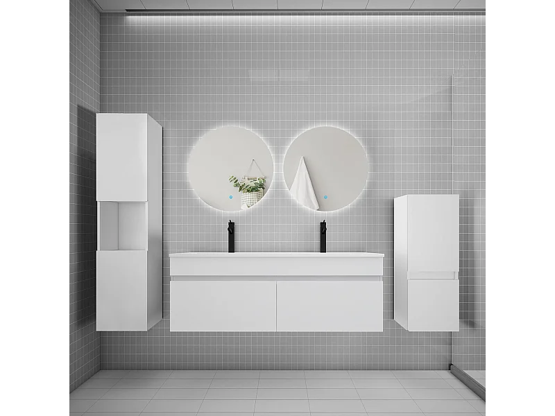 Ensemble meuble vasque L.120cm lavabo + colonne + miroir rond,blanc