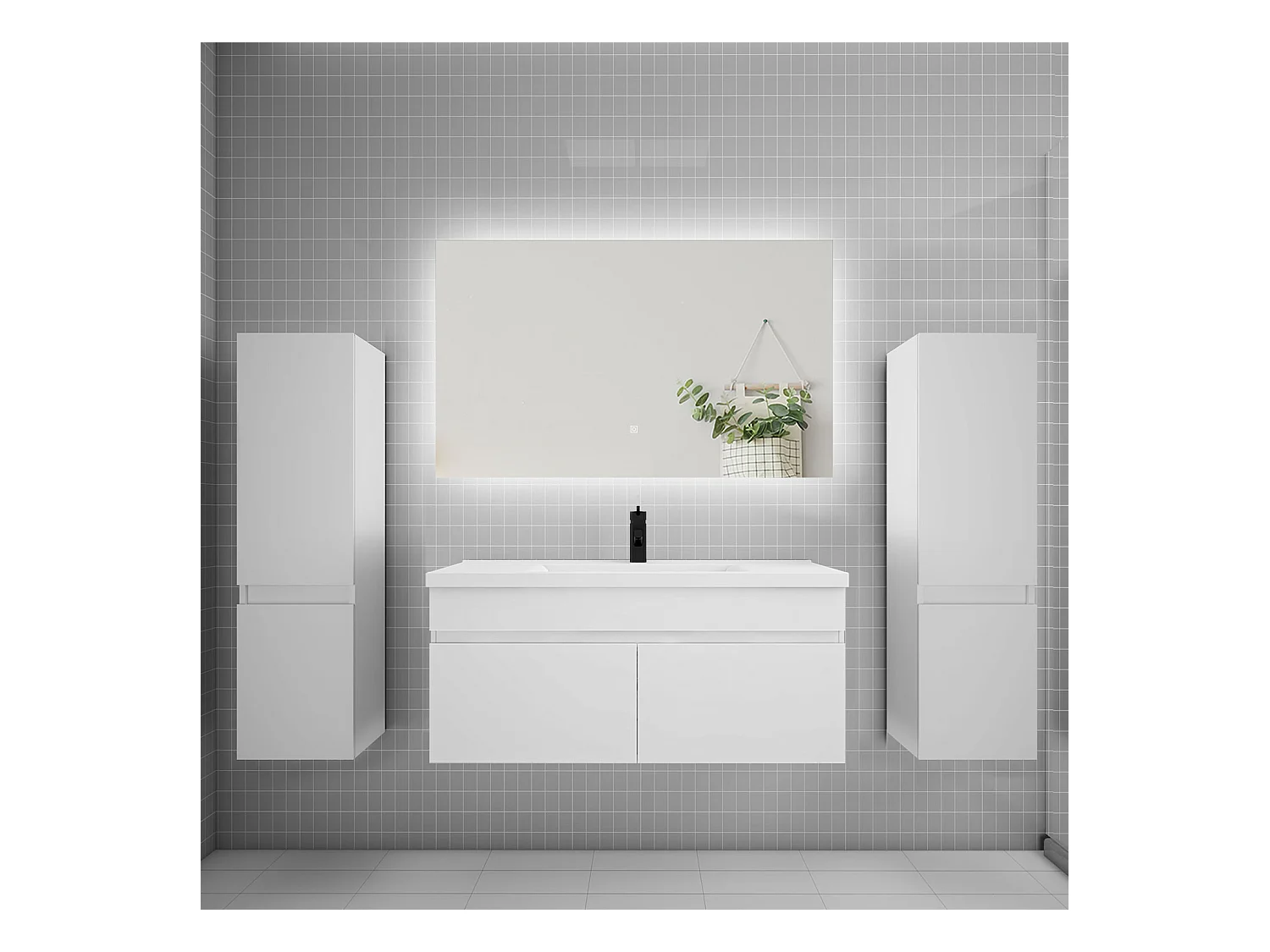 Ensemble meuble vasque L.100cm lavabo + colonne + miroir 100cm,blanc