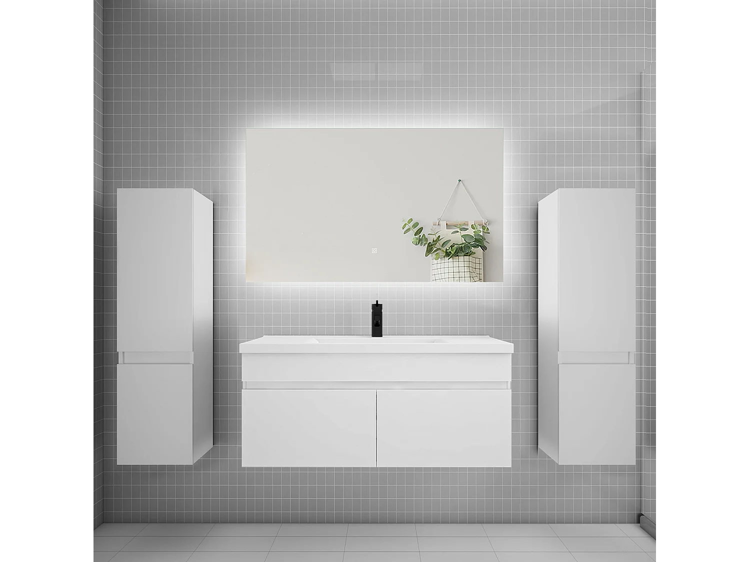 Ensemble meuble vasque L.100cm lavabo + colonne + miroir 100cm,blanc