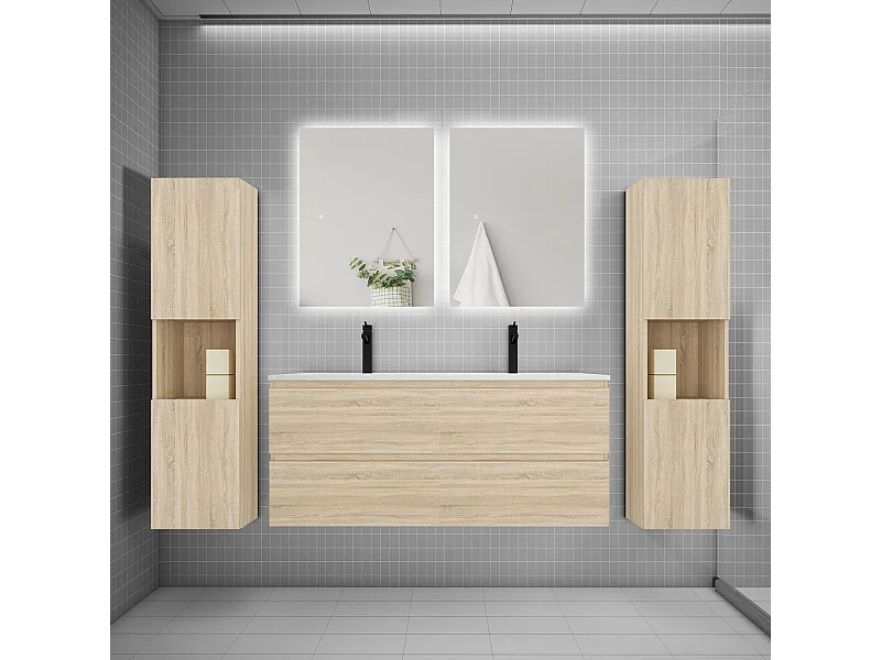 Ensemble meuble vasque L.120cm 2 tiroirs + lavabo + colonne + LED miroir 60cm,chêne