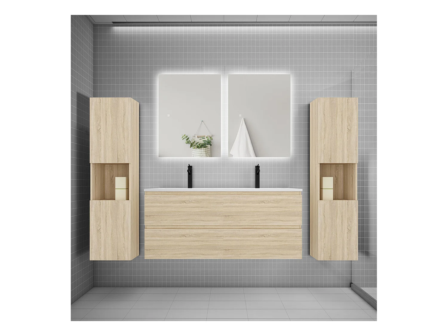Ensemble meuble vasque L.120cm 2 tiroirs + lavabo + colonne + LED miroir 60cm,chêne