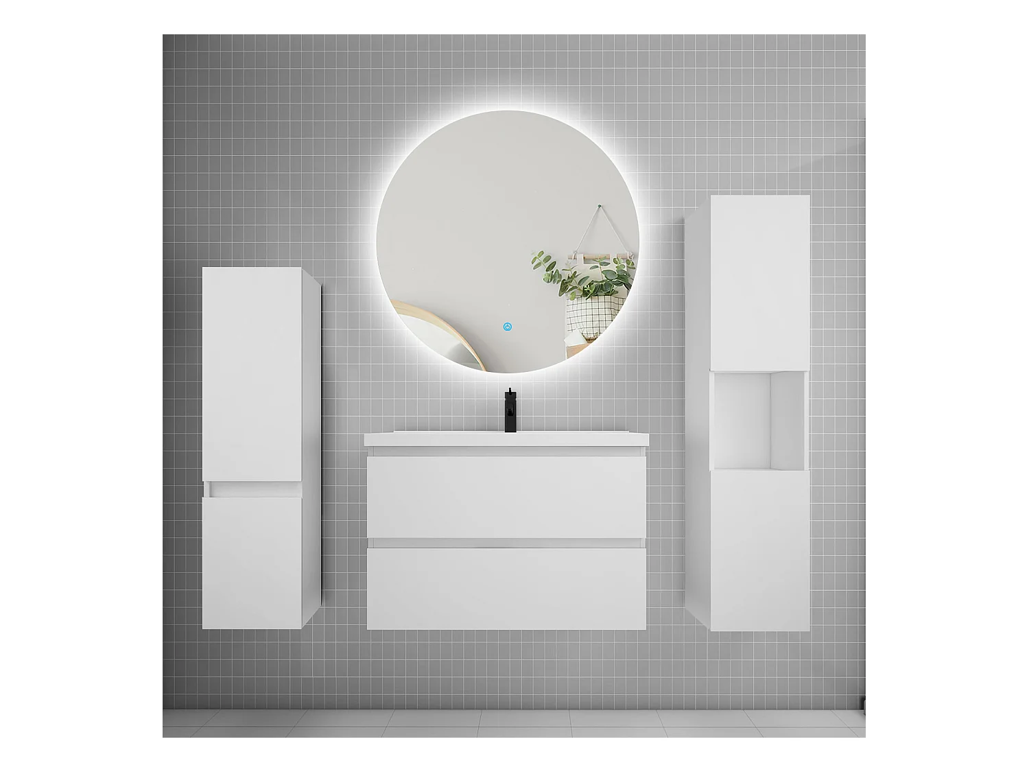 Ensemble meuble vasque L.80cm 2 tiroirs + lavabo + colonne + miroir rond mural 80cm,blanc