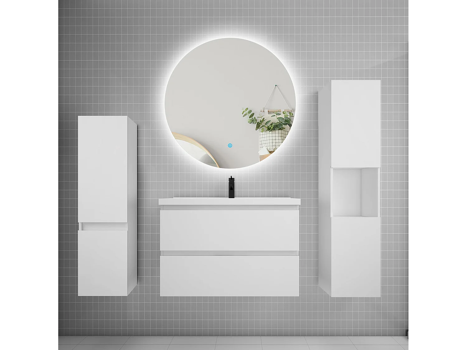 Ensemble meuble vasque L.80cm 2 tiroirs + lavabo + colonne + miroir rond mural 80cm,blanc