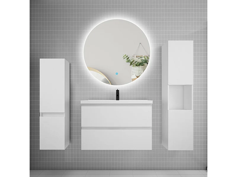 Ensemble meuble vasque L.80cm 2 tiroirs + lavabo + colonne + miroir rond mural 80cm,blanc