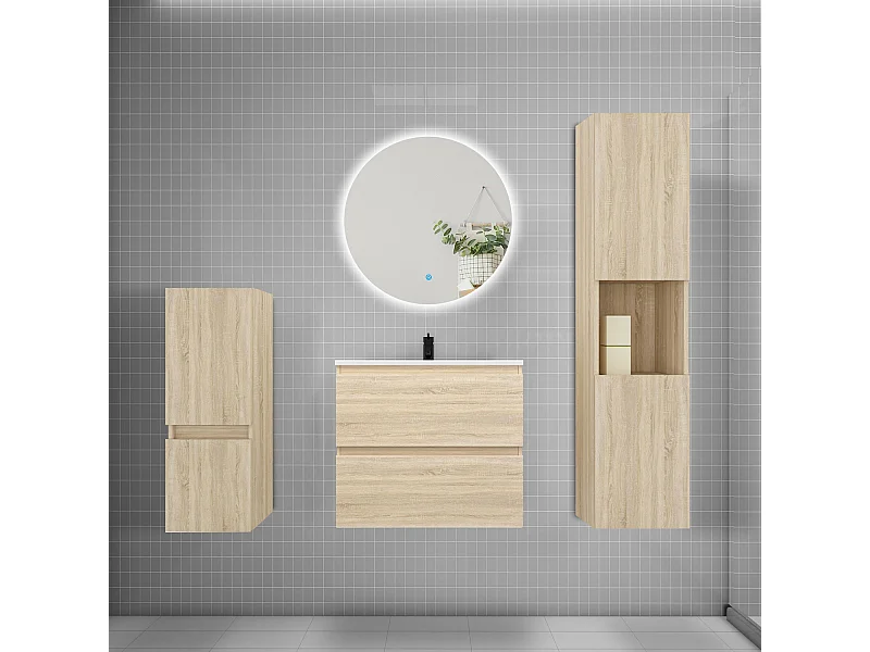 Ensemble meuble vasque L.60cm 2 tiroirs + lavabo + colonne + miroir rond,chêne