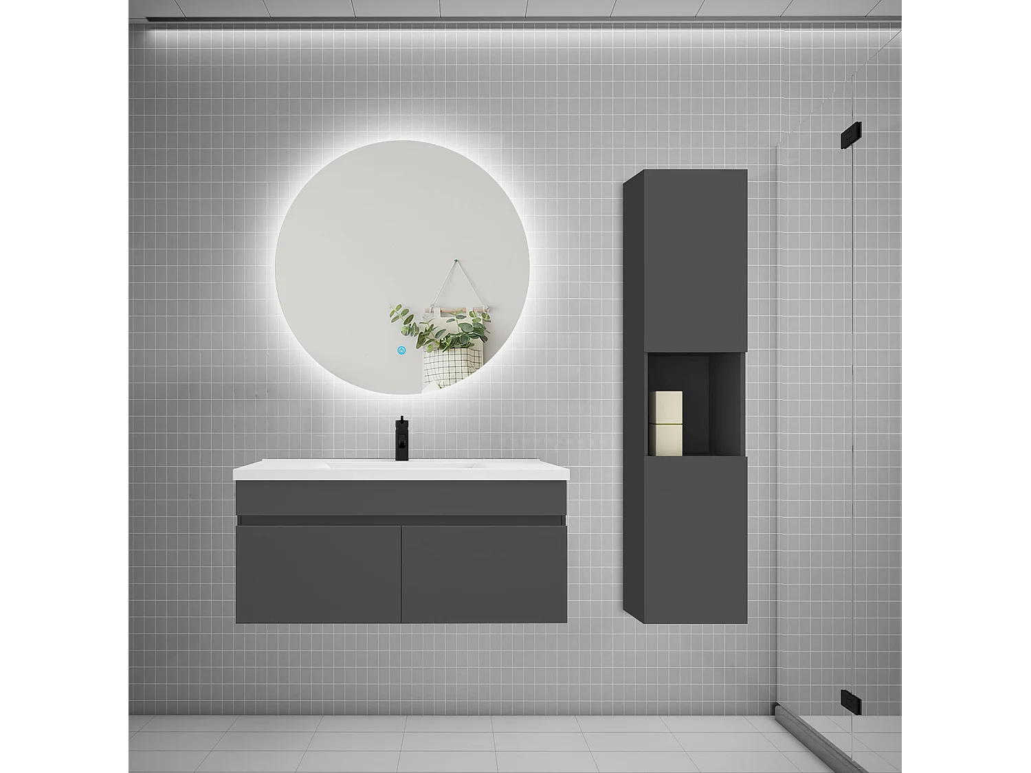 Ensemble meuble vasque 100cm lavabo + colonne + miroir rond,anthracite