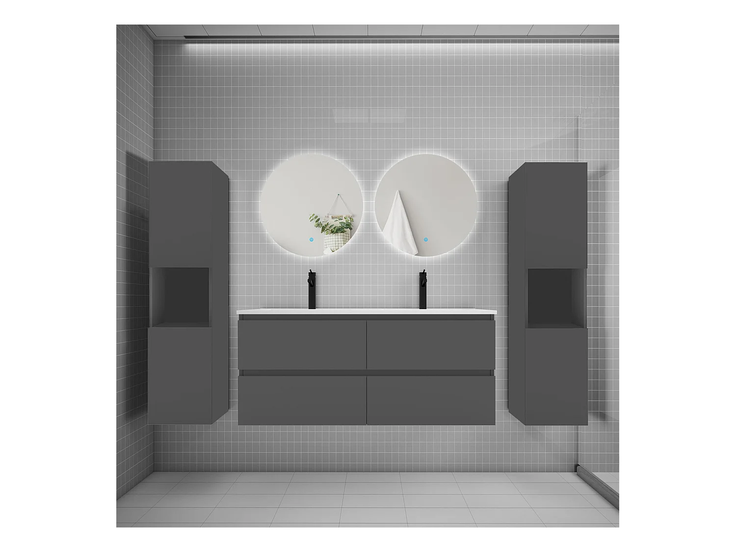 Ensemble meuble vasque L.120cm 2 tiroirs + lavabo + colonne + LED miroir rond 60cm,anthracite