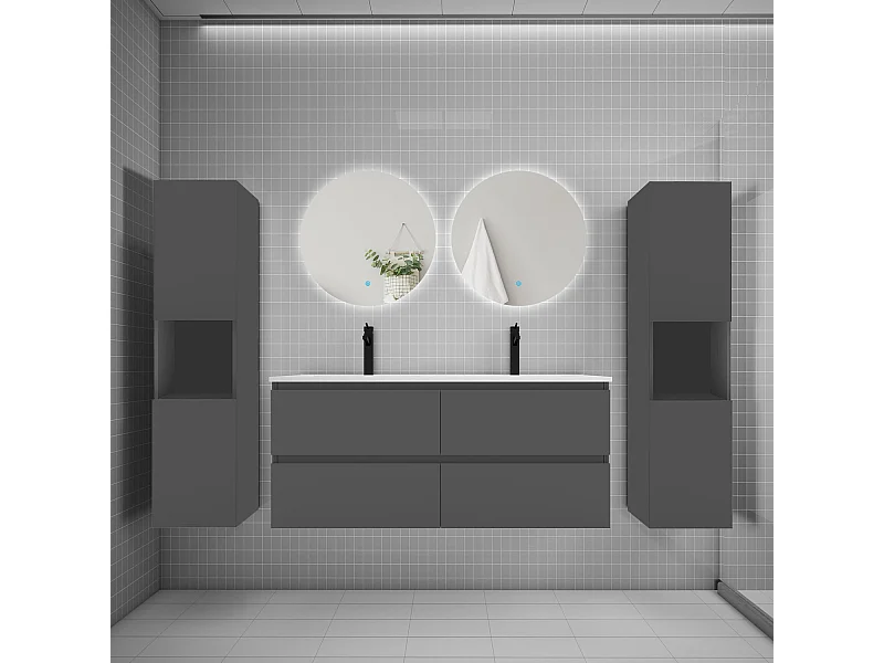 Ensemble meuble vasque L.120cm 2 tiroirs + lavabo + colonne + LED miroir rond 60cm,anthracite