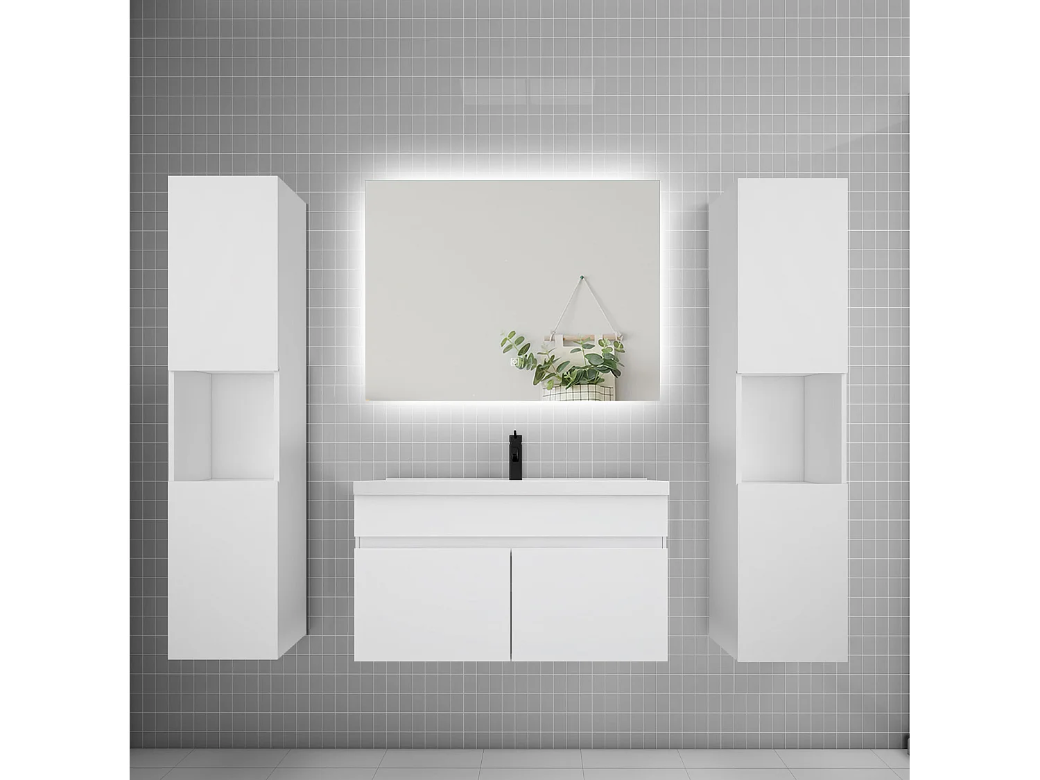 Ensemble meuble vasque L.80cm lavabo + colonne + LED miroir 80cm,blanc
