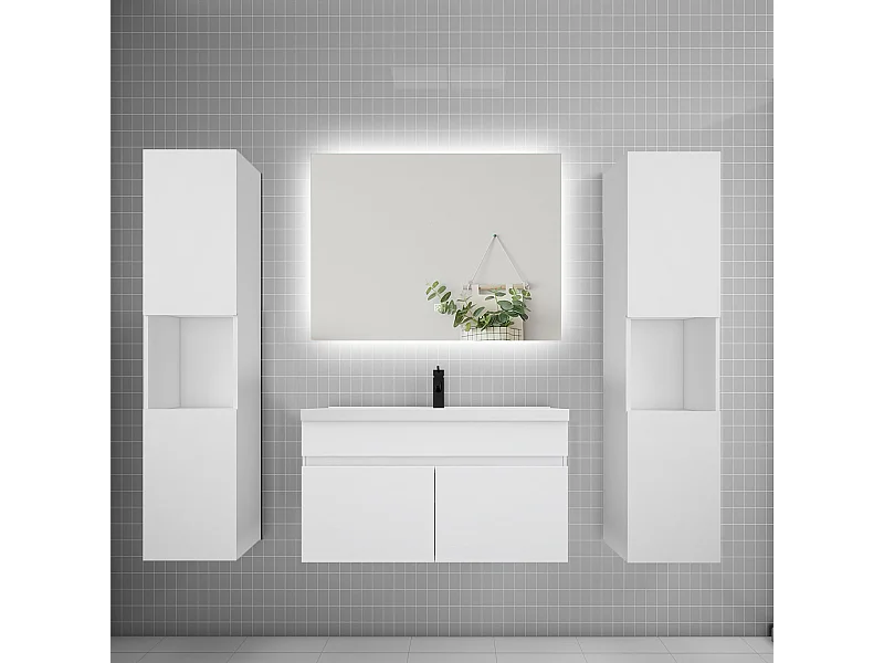 Ensemble meuble vasque L.80cm lavabo + colonne + LED miroir 80cm,blanc