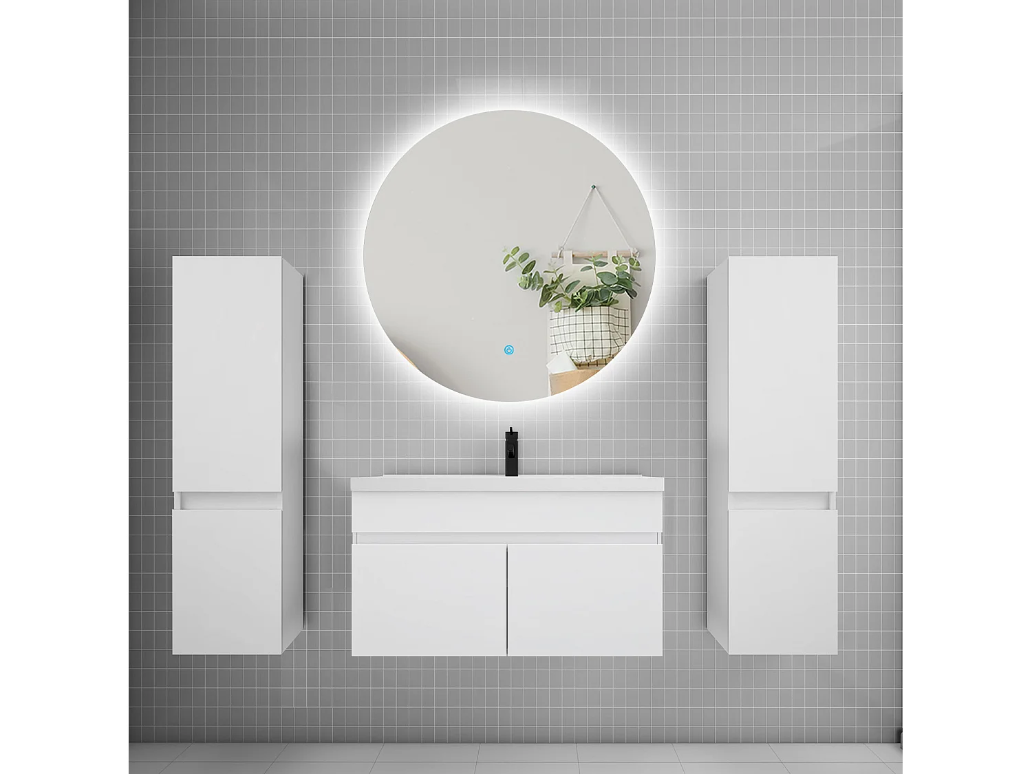 Ensemble meuble vasque L.80cm lavabo + colonne + miroir rond 80cm,blanc