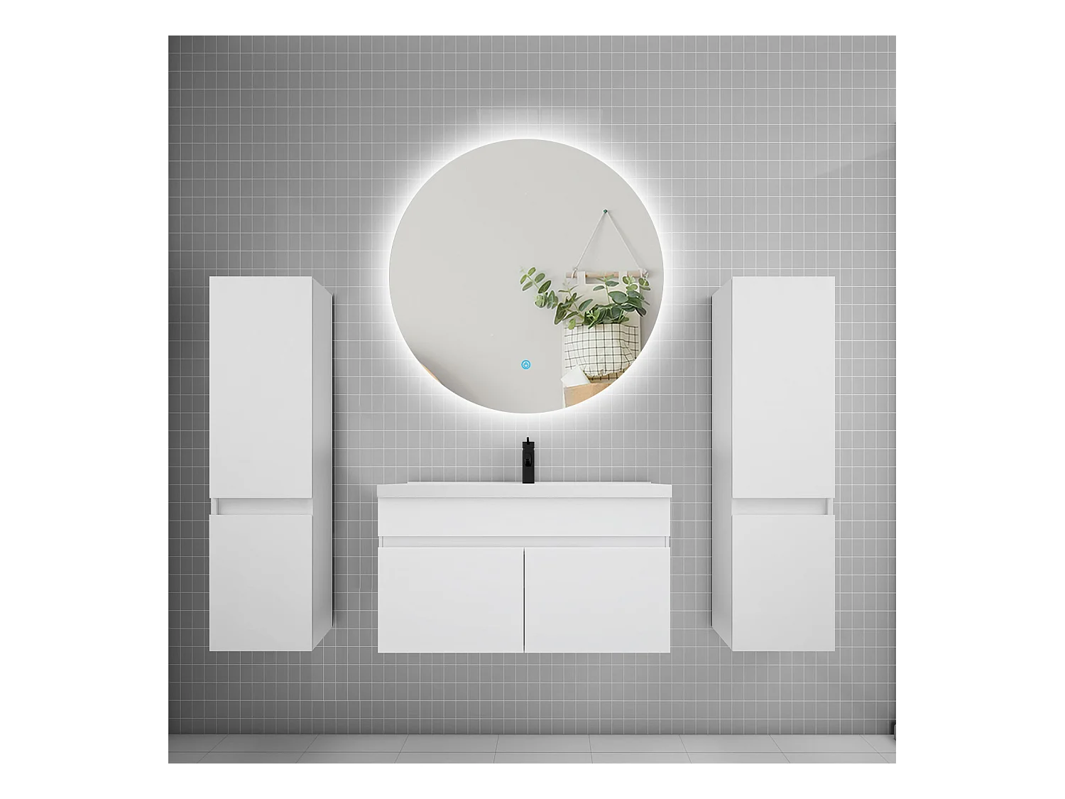 Ensemble meuble vasque L.80cm lavabo + colonne + miroir rond 80cm,blanc