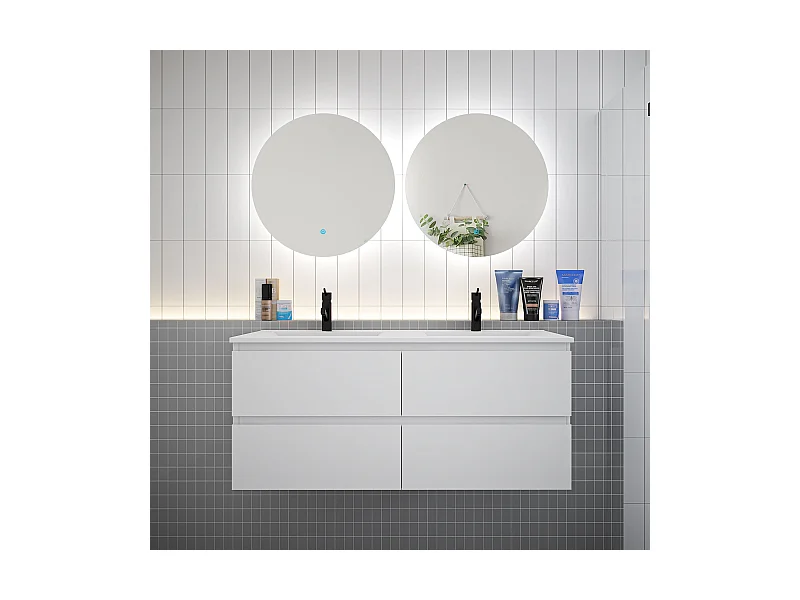 Ensemble meuble vasque L.120cm 2 tiroirs + lavabo + LED miroir rond 60cm,blanc