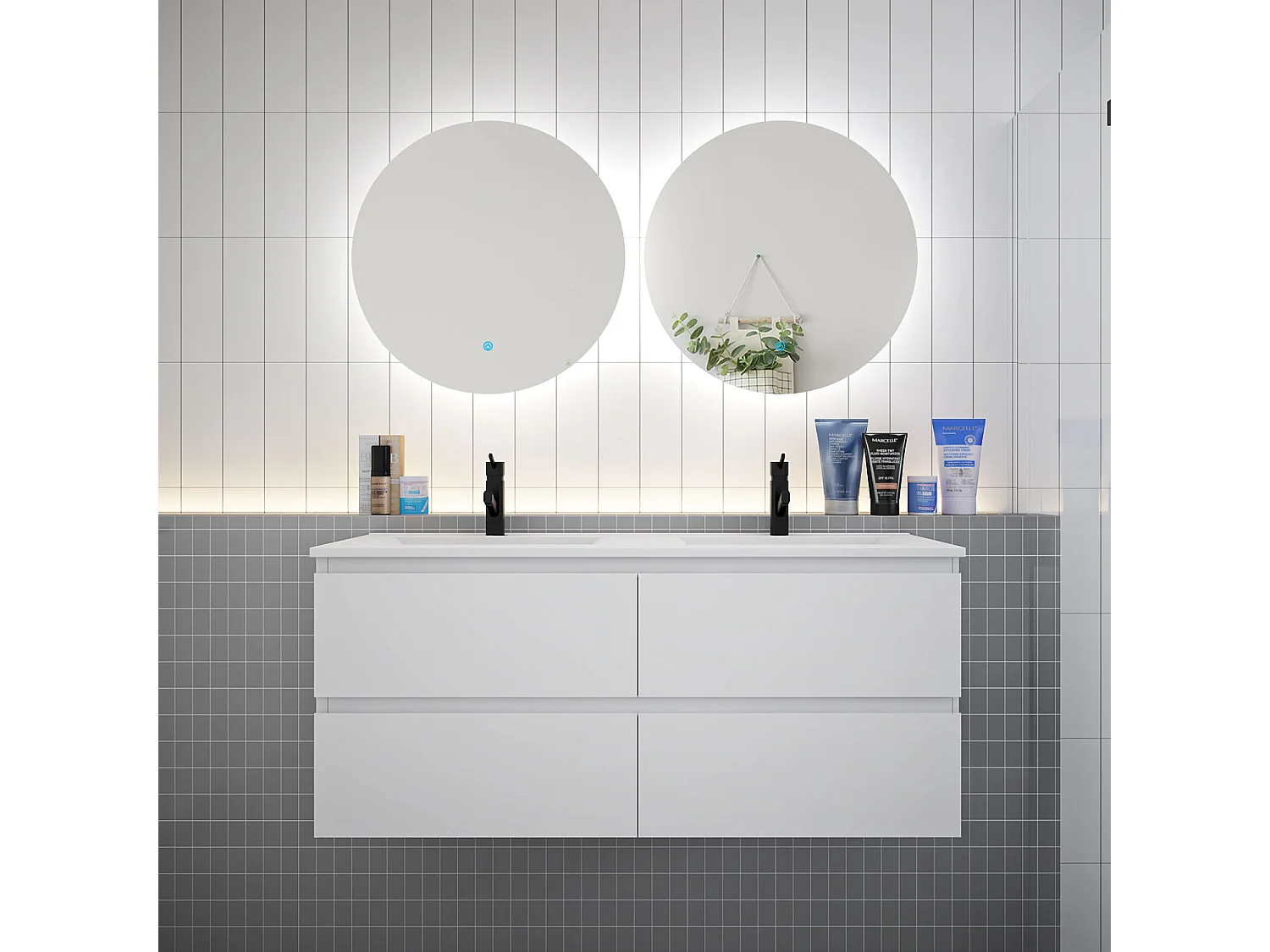 Ensemble meuble vasque L.120cm 2 tiroirs + lavabo + LED miroir rond 60cm,blanc