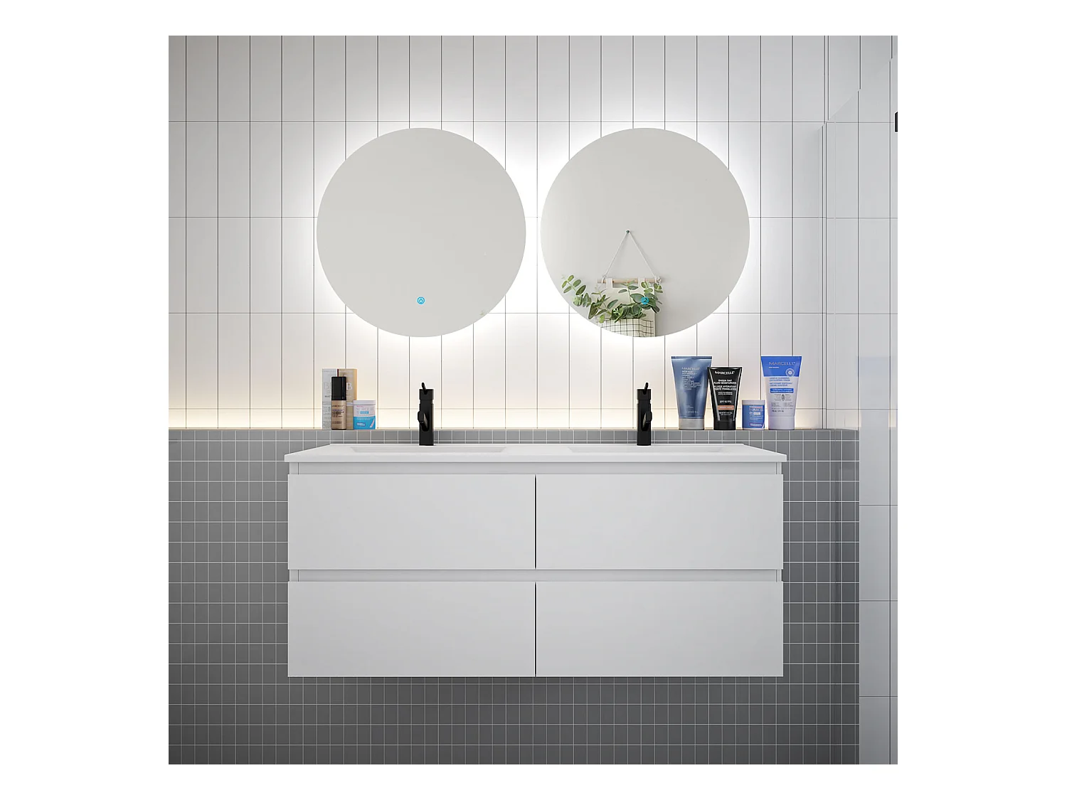 Ensemble meuble vasque L.120cm 2 tiroirs + lavabo + LED miroir rond 60cm,blanc