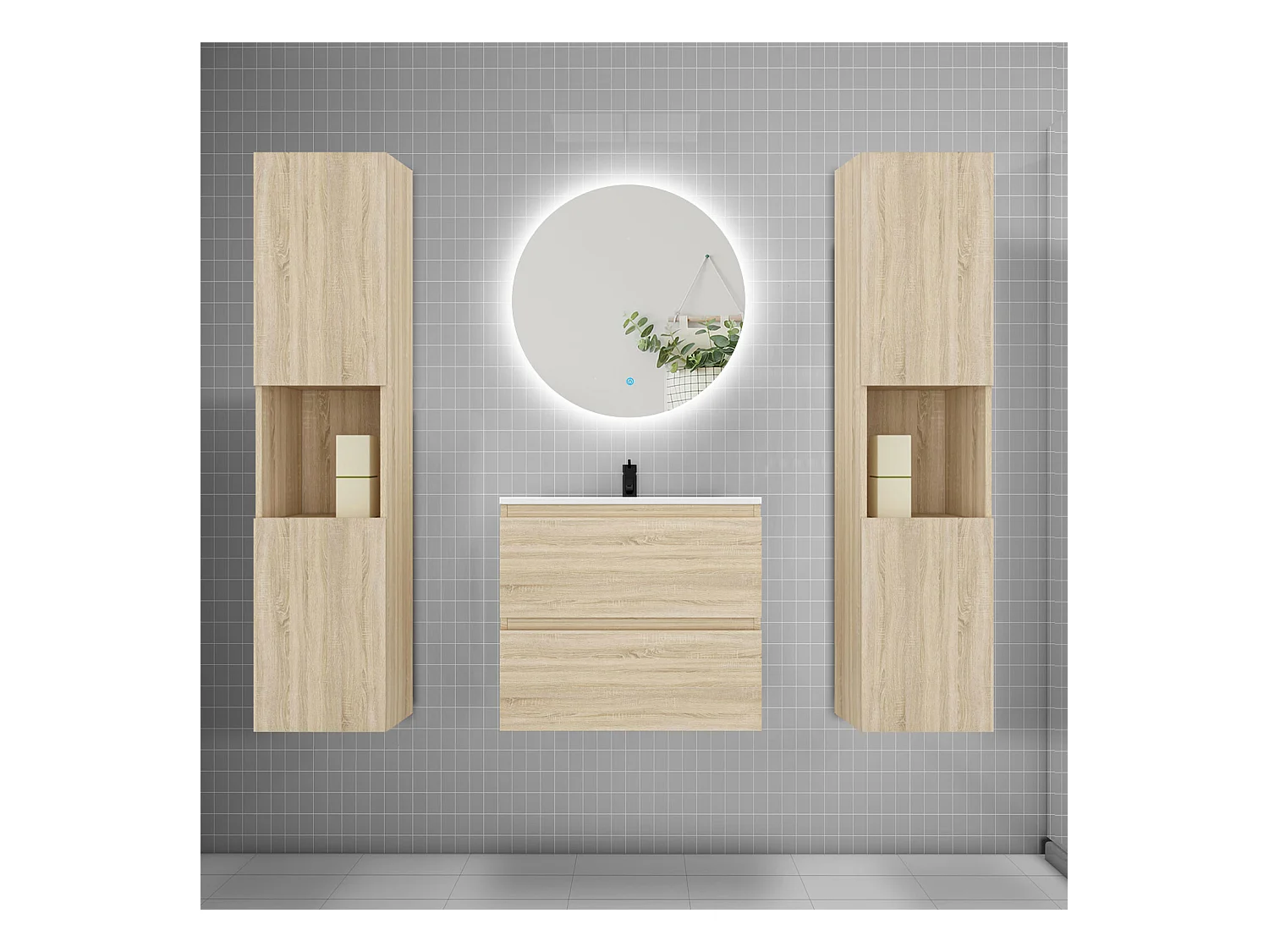 Ensemble meuble vasque L.60cm 2 tiroirs + lavabo + colonne + LED miroir rond 60cm,chêne
