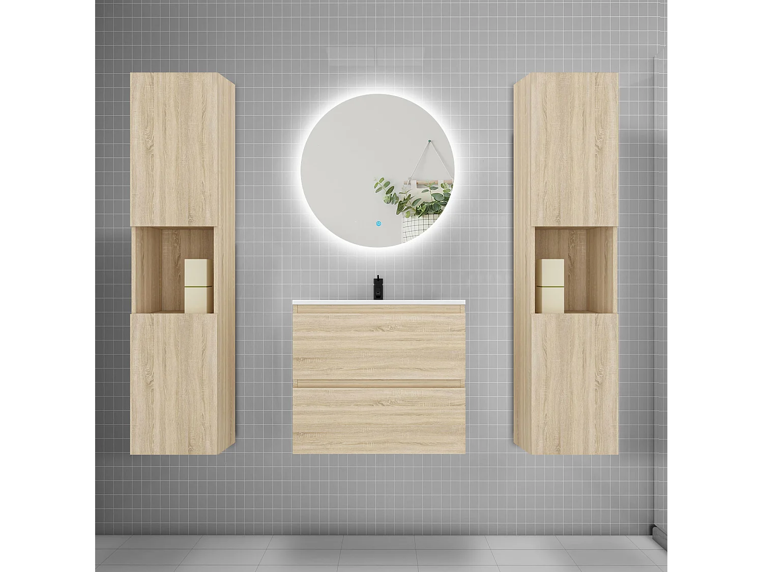 Ensemble meuble vasque L.60cm 2 tiroirs + lavabo + colonne + LED miroir rond 60cm,chêne