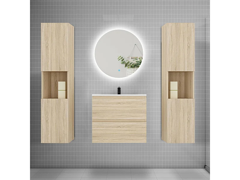 Ensemble meuble vasque L.60cm 2 tiroirs + lavabo + colonne + LED miroir rond 60cm,chêne
