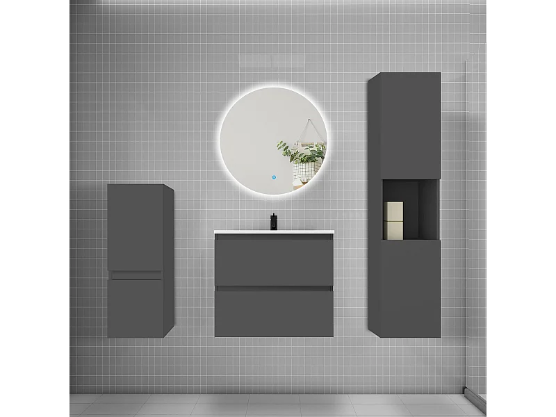 Ensemble meuble vasque L.60cm 2 tiroirs + lavabo + colonne + miroir rond,anthracite